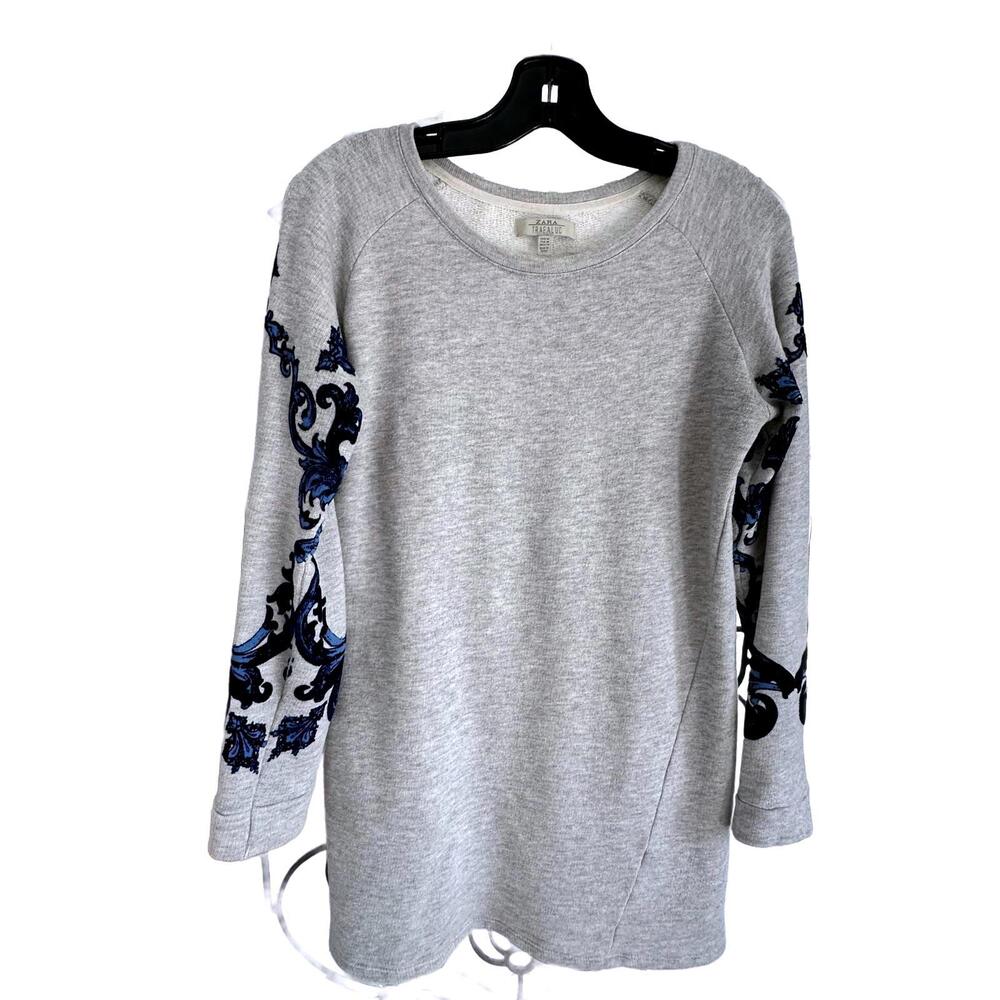 Zara Trafaluc Gray Sweatshirt / Blue Velvet Floral Long Sleeve Design - Medium